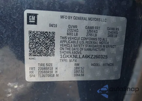 2019 GMC Acadia Sle-2 from USA, damaged, VIN 1GKKNLLA6KZ260325